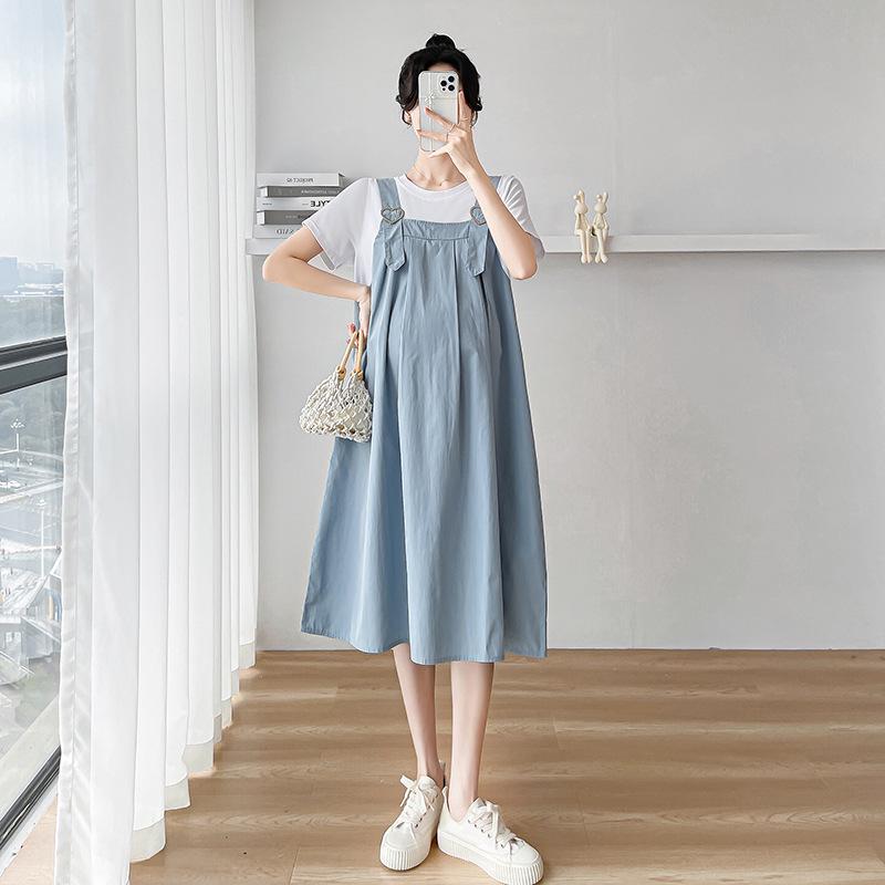 Korean Style Maternity Dress: 2026 Summer Patchwork Skirt, Faux Two-Piece Design