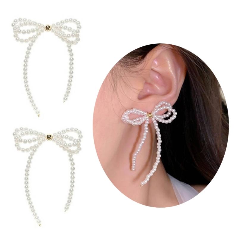 1 Pair Exaggerated All-Matched Earings Pearls Bowknot Ear Jewelry Niche Temperament Earrings for New Year Birthday Gift