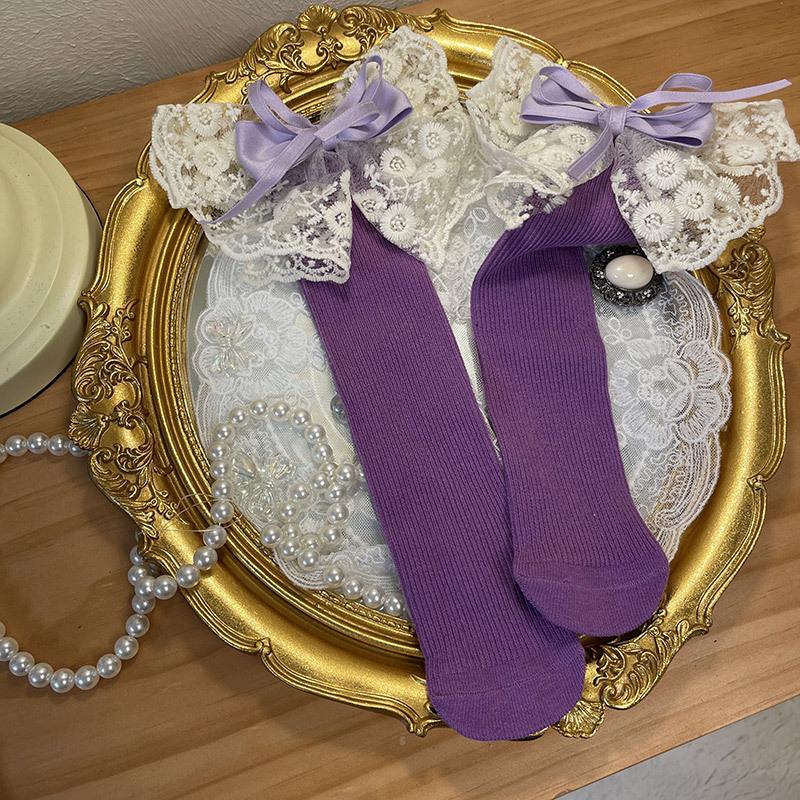 Children's Socks Summer Lolita Wooden Ear Mesh Ribbon Large Bow Mid-tube Socks for Girls