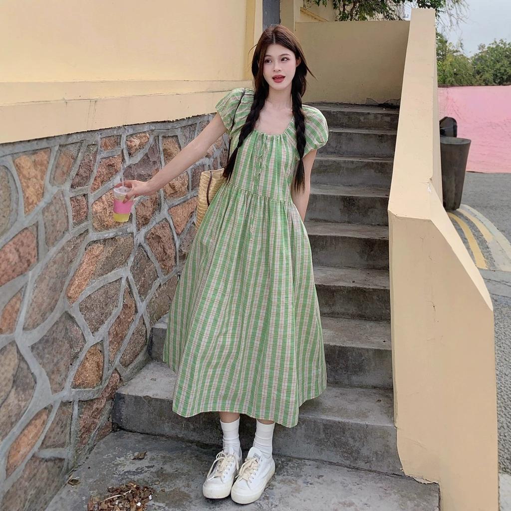 Vintage Japanese Green Plaid Drawstring Dress for Women, New Summer Fashion, Waist-Cinching Slimming Mid-Length Dress