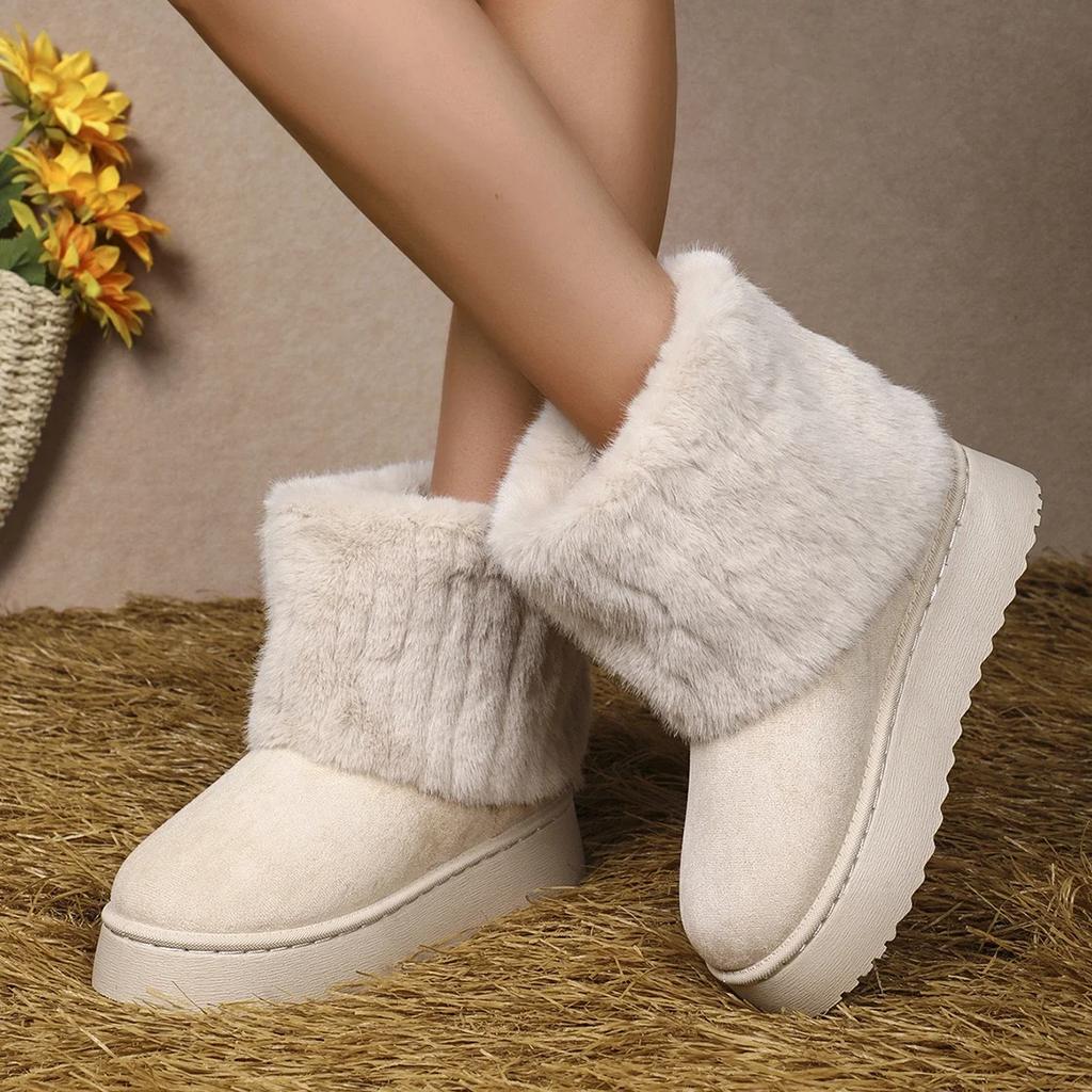 Fashion Fashion Women Round Toe Warm Thickened Plush Winter Beige Mid-calf Boots Thick Sole Casual Comfortable Anti-slip Women Snow Boot