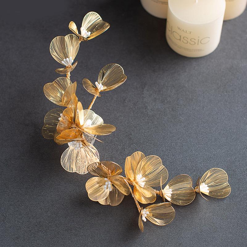 Bridal Headdress Korean Style New Super Fairy Golden Flower Headband Earrings Set Handmade Wedding Dress Hair Accessories Zhiqi