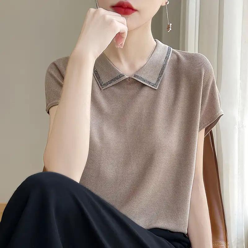 Nuova T-shirt Sottile a Maniche Corte All-Match Primaverile da Donna Nuova Maglietta Base da Donna Top Largo ed Elegante con Collo a Revers