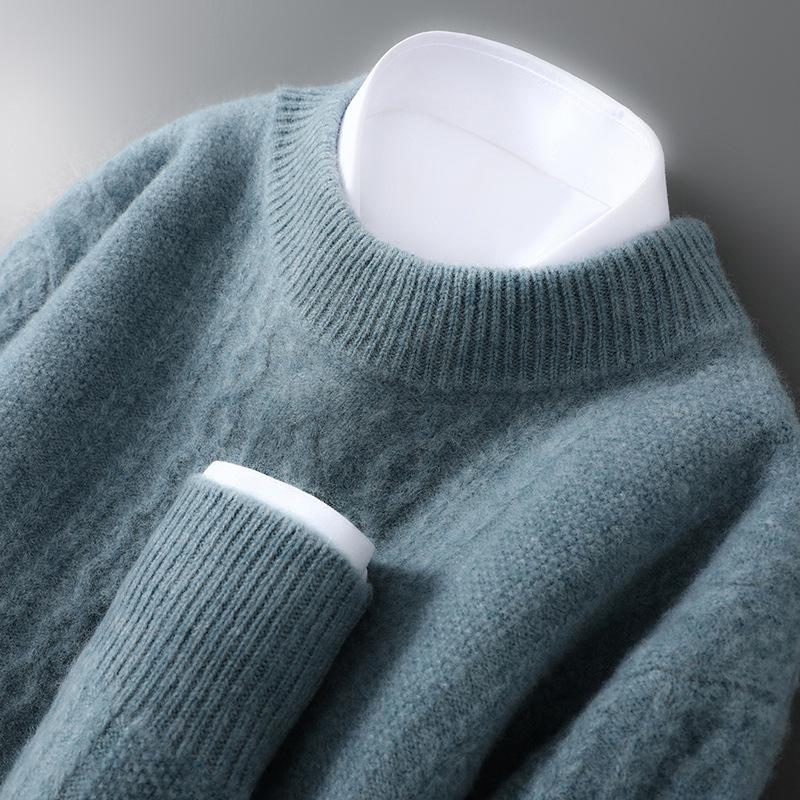 Men's Thick Half-High Collar Wool Sweater - Casual Loose Fit, 100% Pure Wool, Long Sleeve Pullover for Autumn & Winter