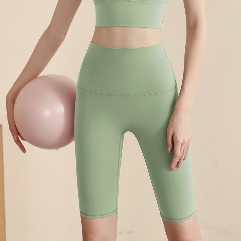 Sports shorts 2025 double-sided brocade nude fitness medium pants high waist slim peach hip sports five-point tight yoga pants women