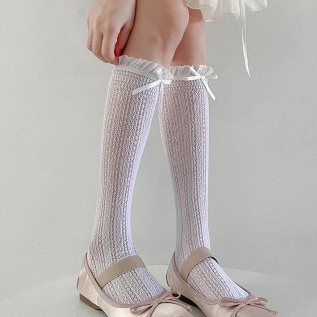 Girls' Ballet Lace Bow Frilly Calf Socks - Mesh Hollow Out, Ruffled Edge, Mary Jane Style