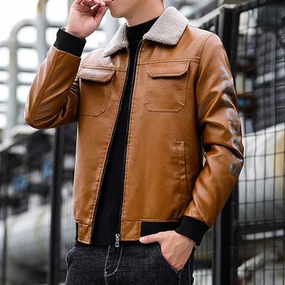 Workwear Leather Jacket, Men's Plush Jacket, Autumn and Winter New Trend Brand Motorcycle Suit, Thickened and Warm Outdoor Leather Jacket, Men