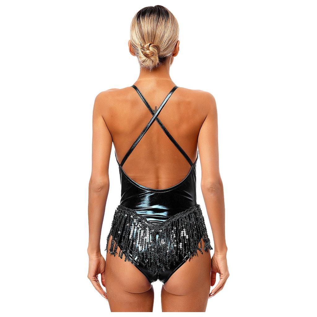 Ladies Latin Performance Leotard S-XXL Sequins Fringe Cross Back with 1 Pair Gloves for Tango Rumba Cha-Cha Samba Dance