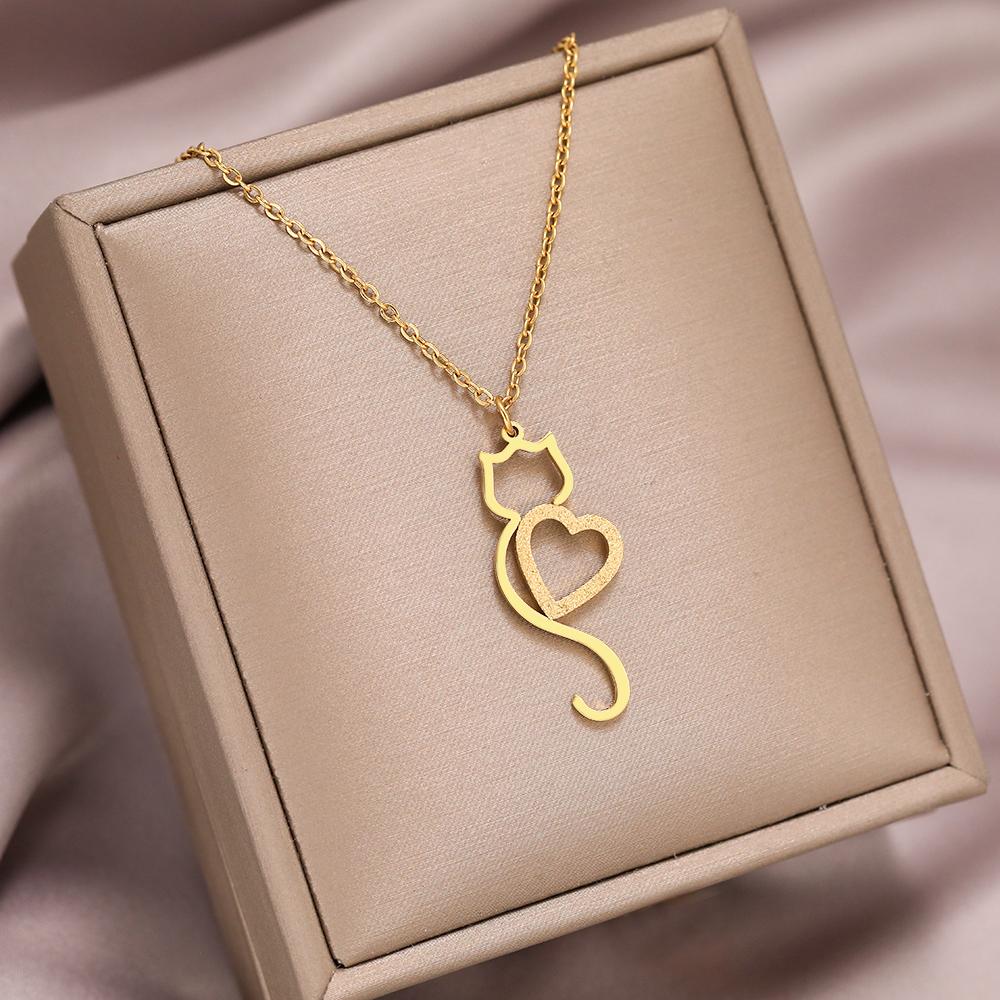 Stainless Steel Necklaces Trending Products Heart Cat Pendant Cute Choker Trendy Fine Chain Charms Necklace For Women Zircon