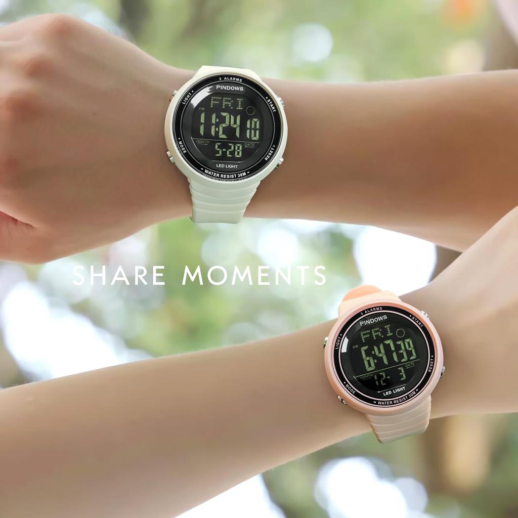 PINDOWS Digital Sports 30m LED 3 Countdown and Calendar for an Active Lifestyle Women's Watch, Waterproof, Backlight, Alarms, Stopwatch, Timer,