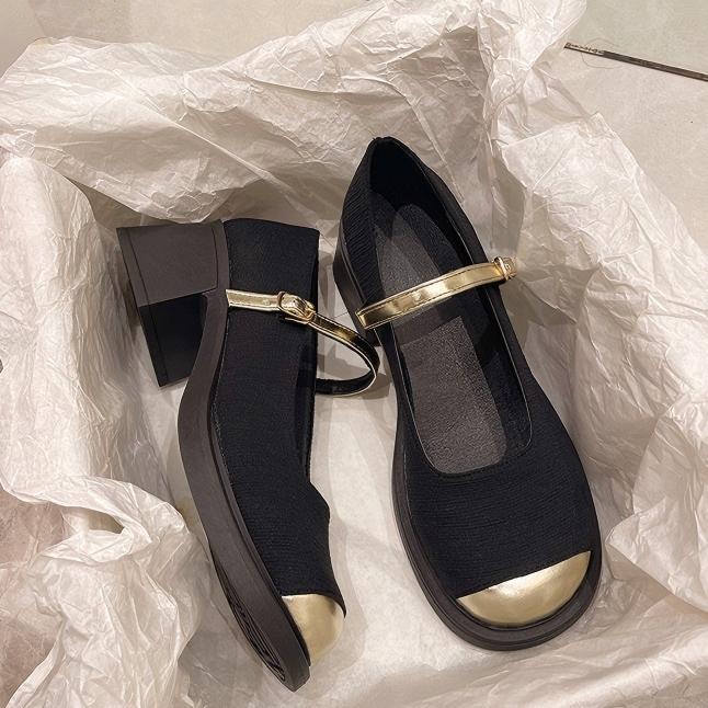 Mary Janes French High Heels Thick Soled Spring Autumn Footwear Round Toe Buckle Strap Ladies Mid Heel Pumps Zapatos De Mujer