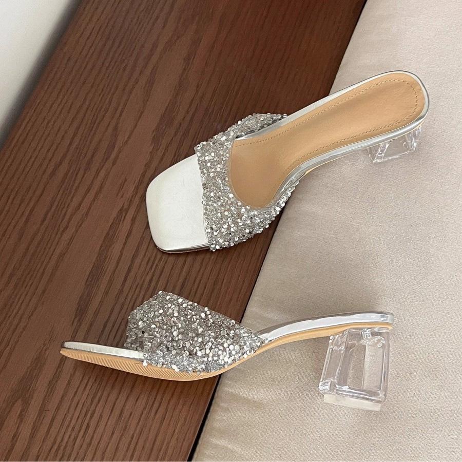 Fashion Sparkling Rhinestone Mules with Clear Block Heel: Glamorous Summer Footwear