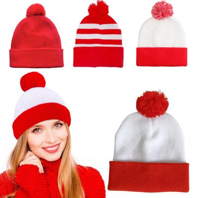 Winter Knitted Hat Contrast Color Pom-pom Hat Stretchy Folded Brim Beanie Double-layered