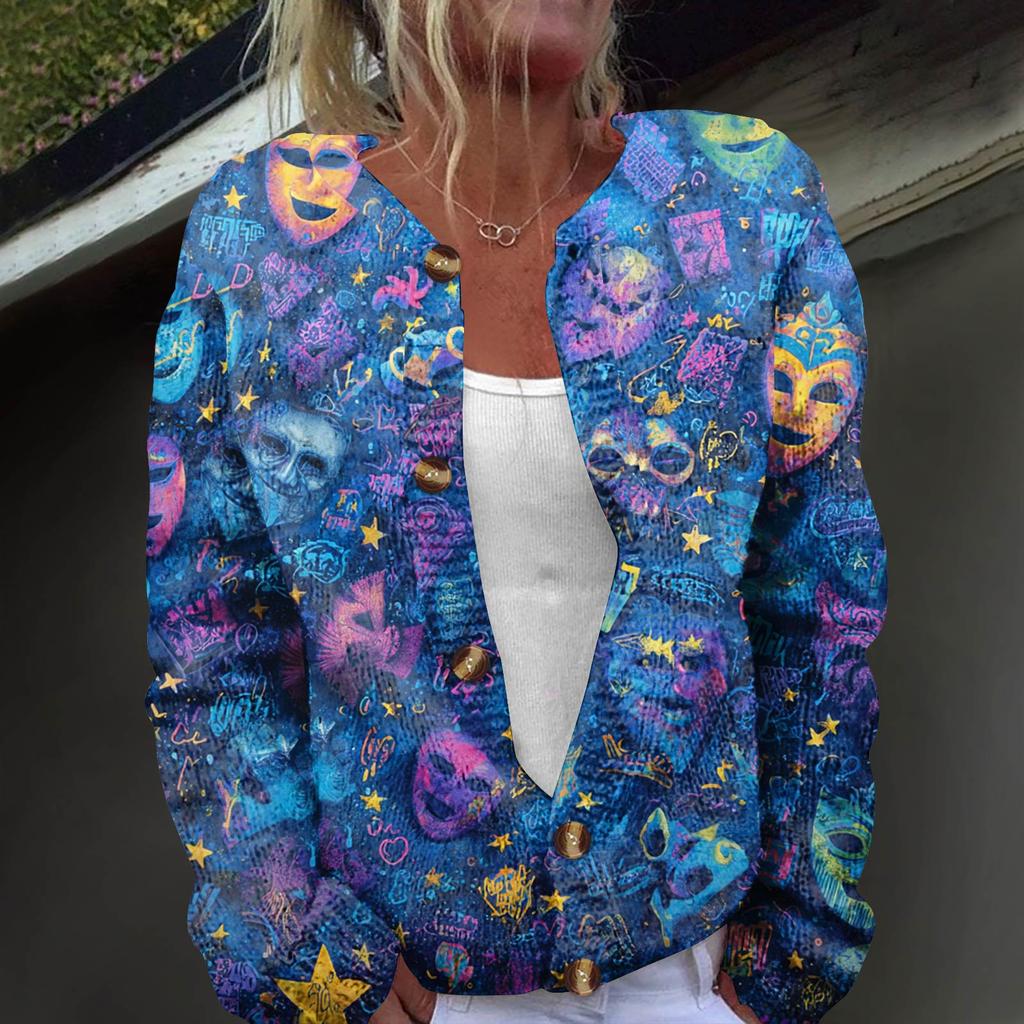 Women's Fashion Printed Long Sleeve Knitted Cardigan Button Down Jacket
