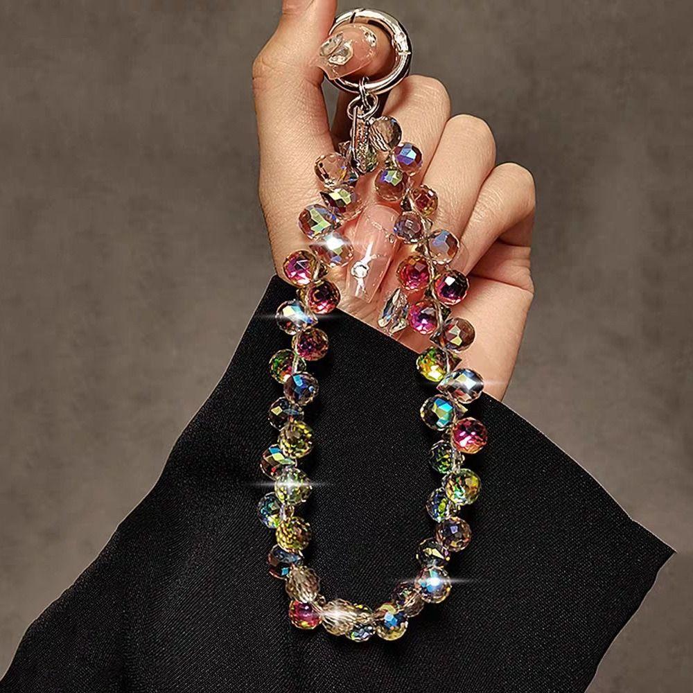 Chaveiro de contas de cristal transparente, bolsa destacável, pingente, cordão criativo para telefone para mulheres e meninas