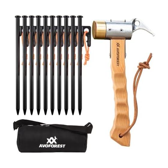 Peg Hammer + 10 Pegs 20CM Peg Hammer Set Camping Peg with Reflective Rope High Carbon Steel Peg Hammer Brass Head Wooden Handle Storage Bag Included