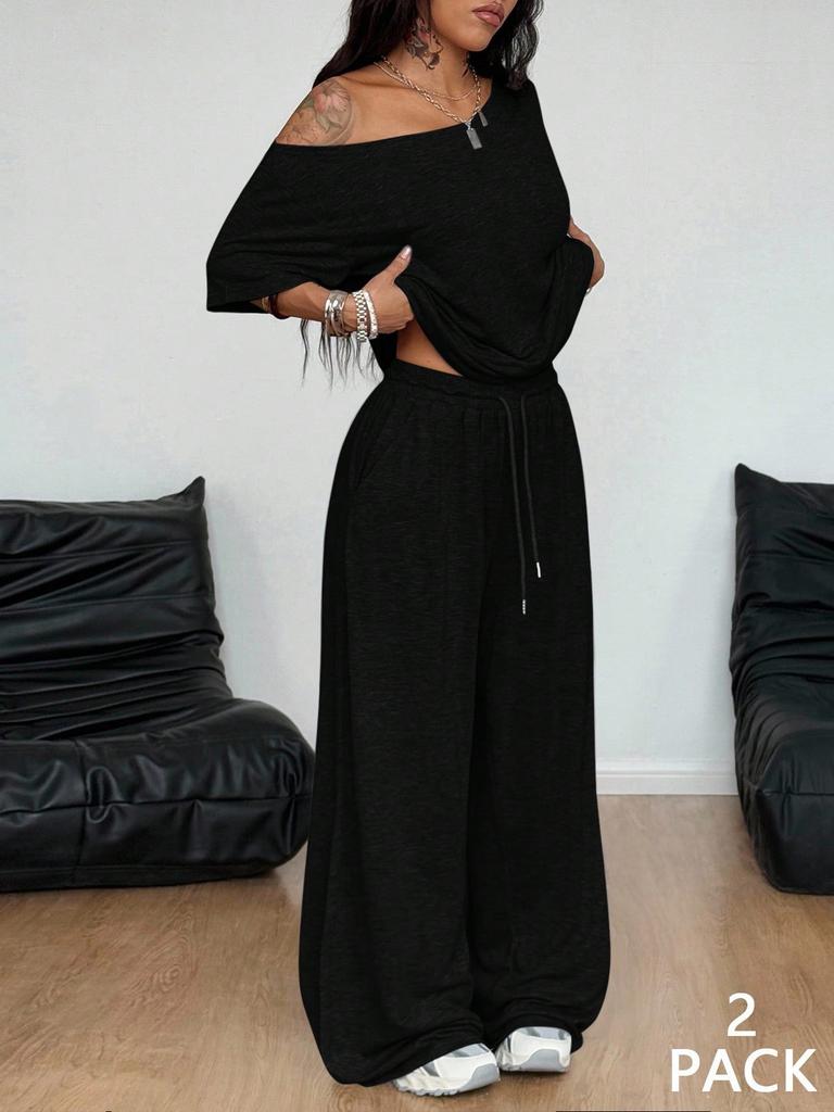 Brown Off Shoulder Short Sleeve Top and Wide Leg Pants Casual Sport Two Piece Set