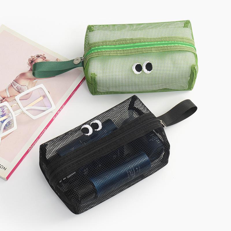 Tragbare Kulturtasche im Stil - Niedliches Design mit großen Augen, Reise-Kosmetik- und Snackaufbewahrung, Netz-Federmäppchen