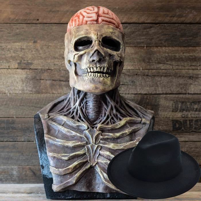 Masque de crâne effrayant d'Halloween, ANNEFLY Dernier silicone masque de cerveau nu biochimique squelette avec chapeau