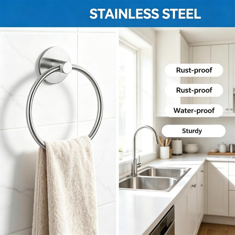 Wall Mounted Towel Holder With Adhesive Base, Metal Round Towel Loop for Bathroom Kitchen Tile Glass Marble and Guest Room Indoor Use