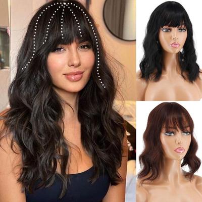 Natürliches Haar für Damen, modisch, kurze, gewellte Haarverlängerungen mit Pony, Kunstfaser-Perücke, täglicher Gebrauch, Clip auf dem Kopf, um Haarausfall abzudecken