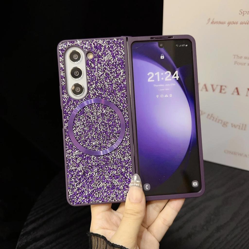 Sparkling Diamond Brilliant Phone Case for Samsung Galaxy Z Fold 7 6 5 4 3 Fold7 TPU Soft Edge Magnetic Cover Women Girl