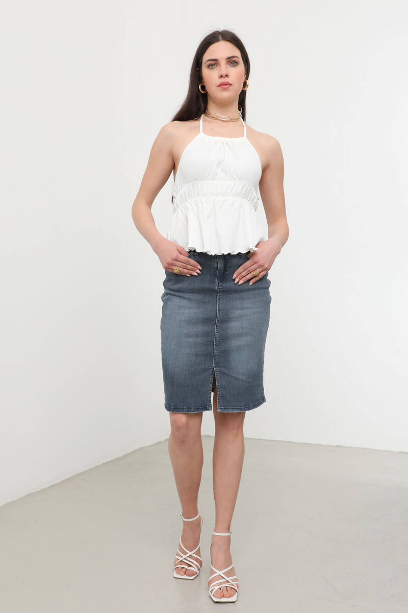 

Женская джинсовая юбка из лайкры с разрезом синяя XXL синий