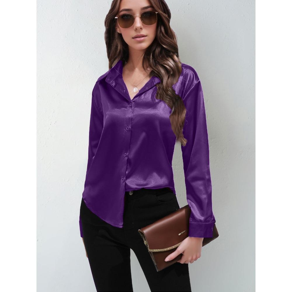 GMXIA Sateng Silkelignende Langermet Ensfarget Skjorte for Kvinner, Elegant Knappedetalj foran med Krage