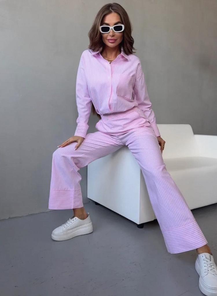 Autumn New European and American Women's Clothing Casual Loose Homewear Women's Striped Shirt Wide-leg Trousers Two-piece Set