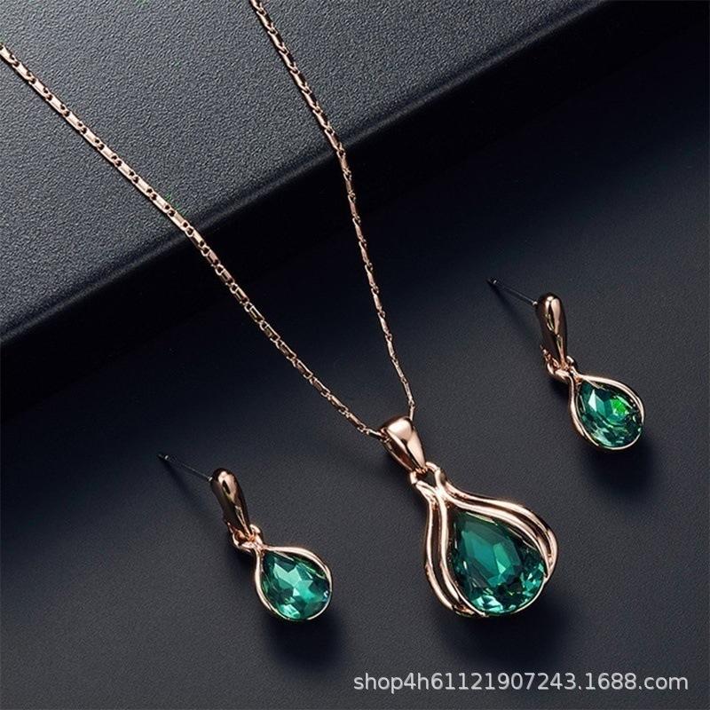 

2pcs Set Temperament Luxury Geometry Green Crystal Water Drop Pendant Necklace Earrings for Women Bride Wedding Jewelry Set Gift зелёный