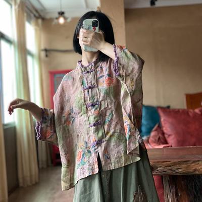Summer Woman Chinese Style Vintage Washing Linen Shirt Flower Print Loose Retro O-Neck Long Sleeves Shirt