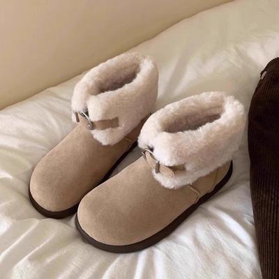 Mode Damen Flache Schneestiefel Winter Neu Runde Zehenpartie Wildleder Gürtelschnalle Weiche Sohle Rutschfest Abriebfest Kurze Stiefel