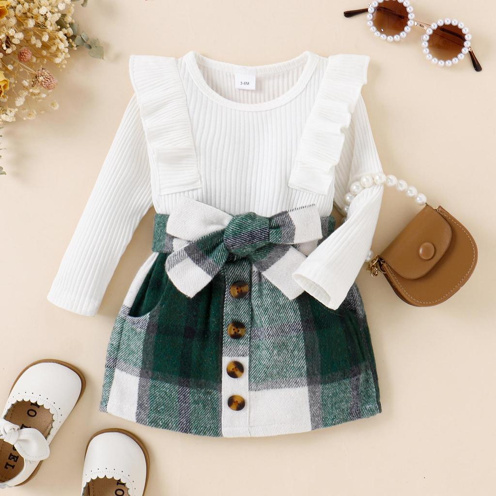 Baby Mädchen Herbst Outfit Sets 3M 6M 9M 12M 18M Einfarbig Langarm Rüschen strampler + Plaid Rock mit Gürtel