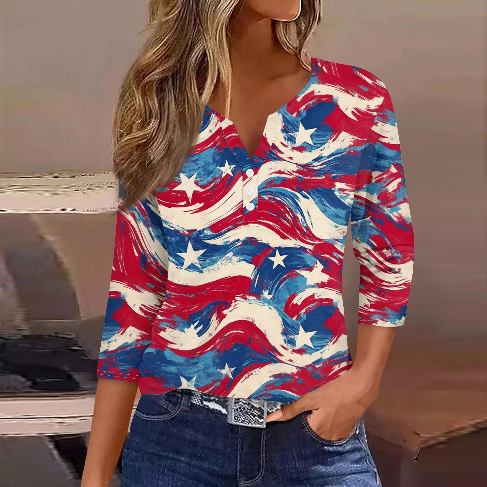 

Women s T Shirt Print Button 3/4 Sleeve Daily Weekend Fashion Basic V- Neck Regular Top XL винний