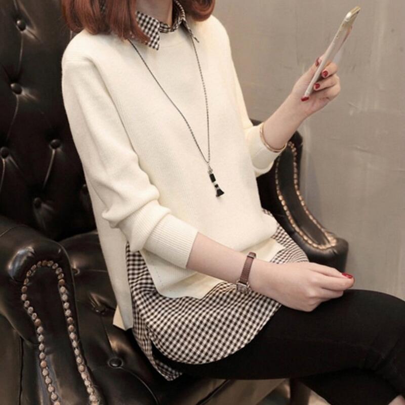 

Женский клетчатый свитер Женский вязаный свободный корейский свитер с длинным рукавом One Size белый