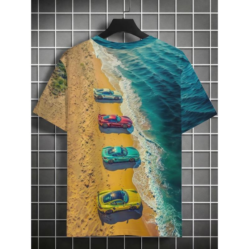 Men's Beach Wave Colorful Sports Car Print T-Shirt Crew Neck Short Sleeve Casual Seaside Graphic Tee Tops