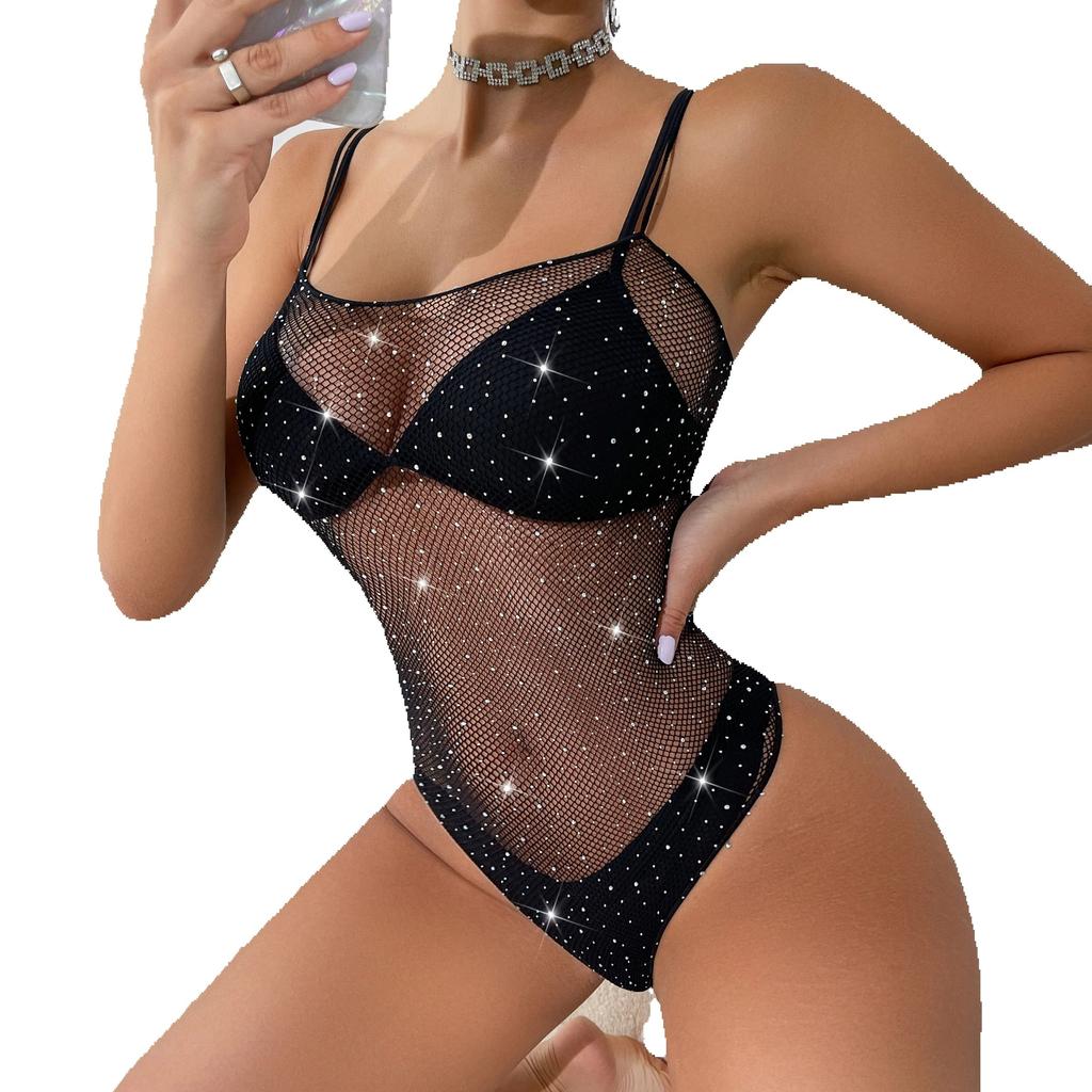 women's hot diamond shiny sexy lingerie mesh one-piece net dress Bodystocking Crystal Lingerie