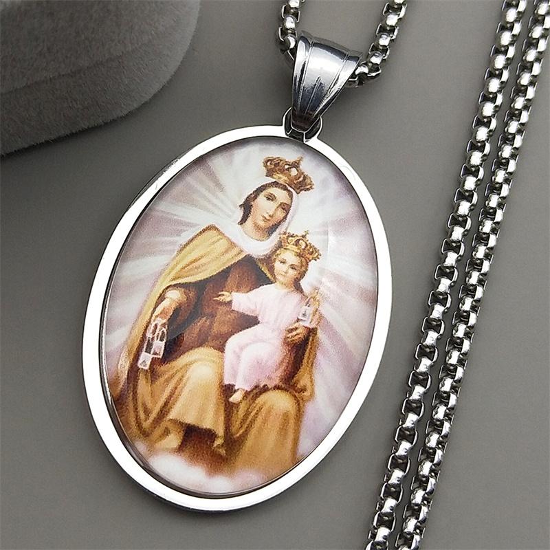 Virgin Mary Hold Baby Jesus Glass Pendant Necklace for Women Men Stainless Steel Gold Color Catholic Mother Mary Chain Jewelry
