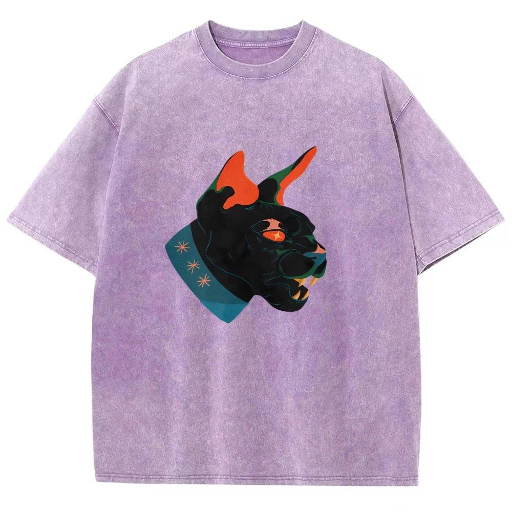 Unisex Fit Washed T-Shirt Cool Cat Tees Shirts Men Women Short Sleeve T-shirts Cotton Oversized Y2K T-shirt Streetwear