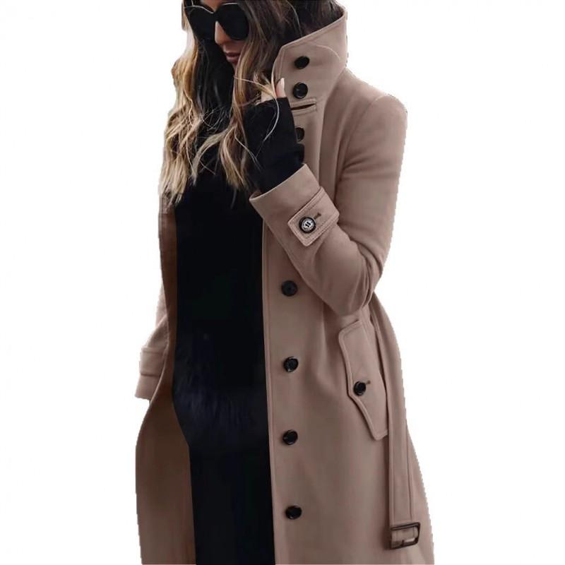 Womens Wool Blend Long Coat With Belt Solid Color Straight Cut Winter Outerwear Office Daily Wear