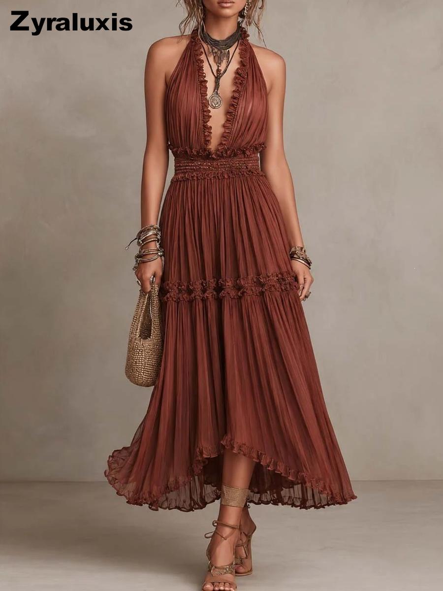 Women s New Fashion Lace V-Neck Elegant Commute High Waist Long Dress S красный