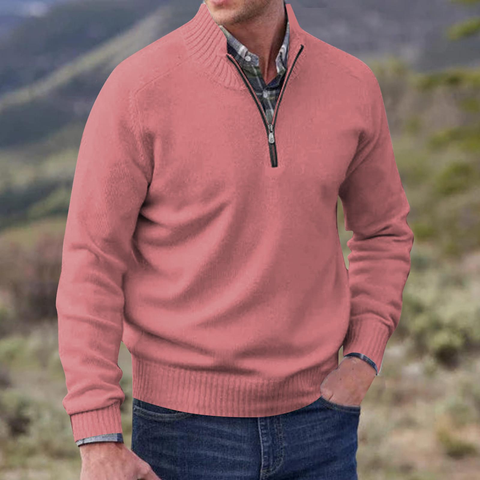 

Мужской модный топ, повседневный приталенный пуловер с длинным рукавом на молнии, маленький высокий воротник M розовый
