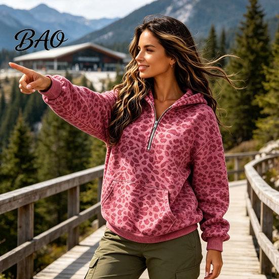 Relaxed Fit Pullover Top Women Leopard Print Hoodie, Oversized Half Zip Hooded Sweatshirt with Spring Autumn Kangaroo Pocket, Fall Long Sleeve Casual