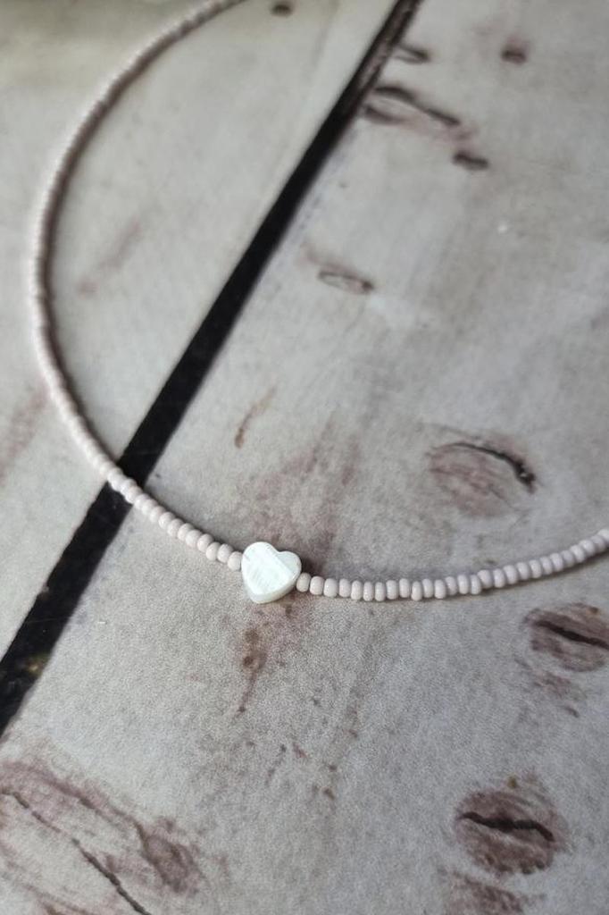 Handmade Choker with Light Pink Seed Beads and Natural Heart Shell Pendant