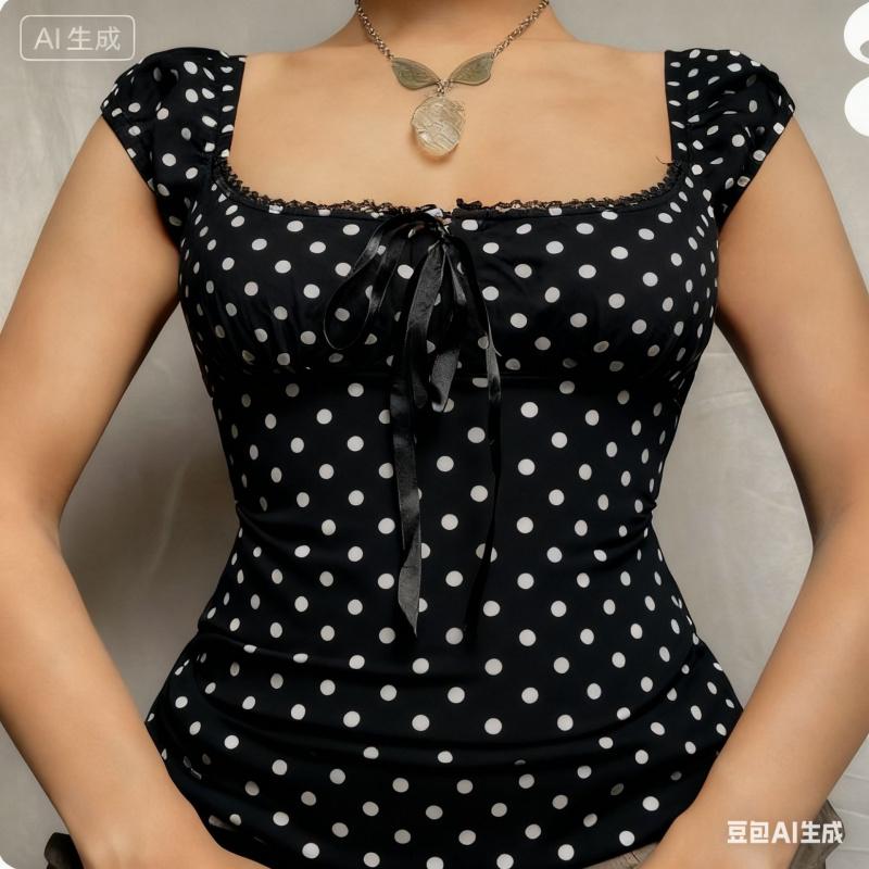 2026 Spring New Women's Top: Polka Dot Square Neck Bow Slim Fit Short Sleeve T-Shirt for Women