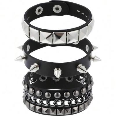 Set di Braccialetti in Pelle Borchiata Punk Rock Europei e Americani: Bracciale Gotico a Tre Pezzi per Coppia