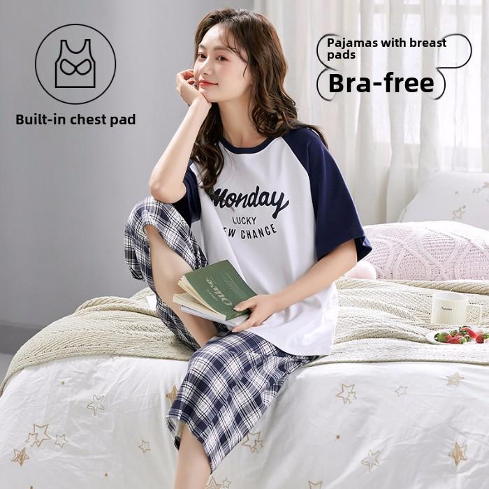 2025 Sommer Damen Pyjama Set mit Brustpolster Weich locker Kurzarm Oberteile und Caprihosen Zweiteilige Nachtwäsche Lingerie Homewear