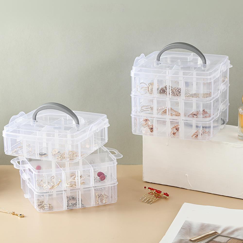Portable Transparent Storage Box 3 Tier Jewelry Toy Display Box Adjustable Stackable Compartment Slot Plastic Organizer Box