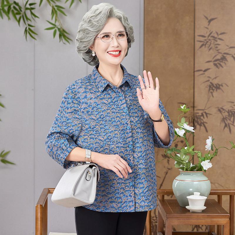 Elderly Women's Spring/Summer Pure Cotton 3/4 Sleeve Shirt for Mom/Wife/Grandma In 60s-70s