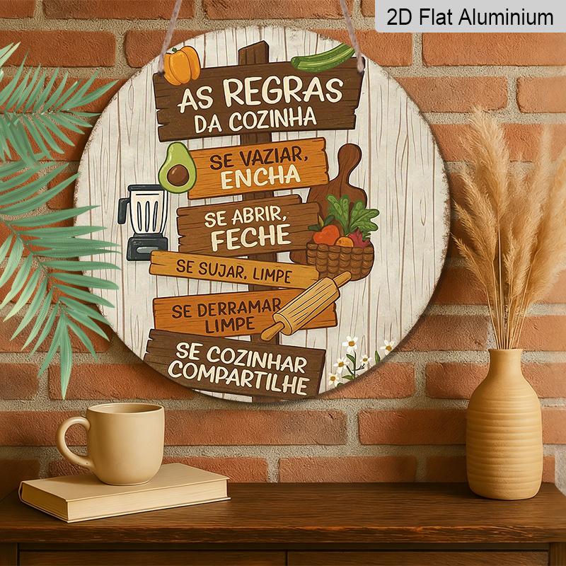 2D Flat, 1pc Vintage Round Metal Aluminum Sign, Portuguese "As Regras Da Cozinha" - 7.87x7.87 Inches Funny Kitchen Rules Design, Retro Rustic Wall